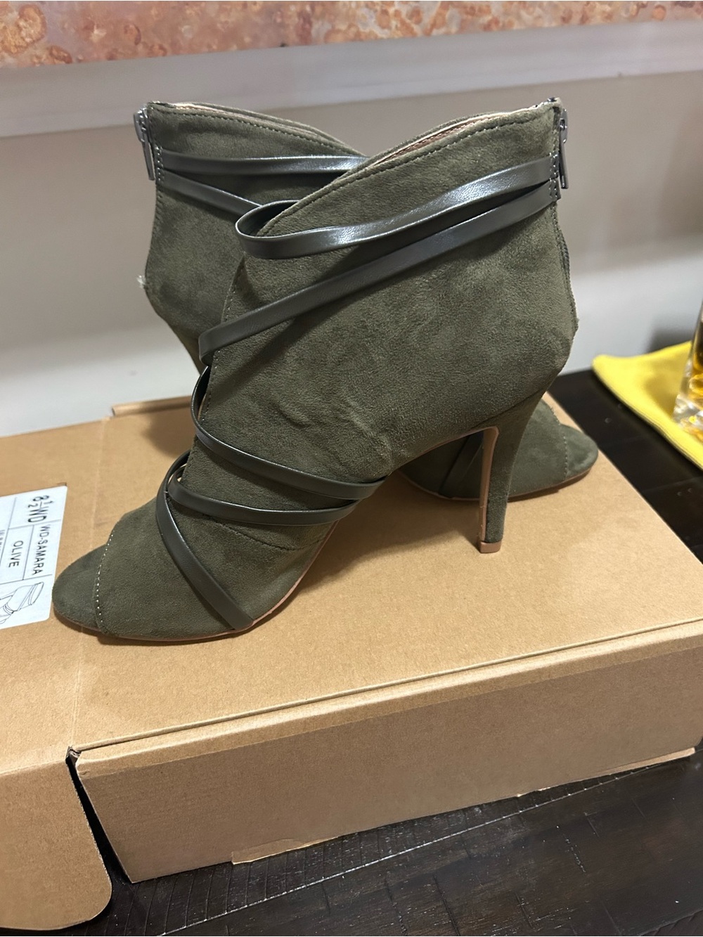 Olive Suede Strappy Peep-Toe Ankle Booties - Brand